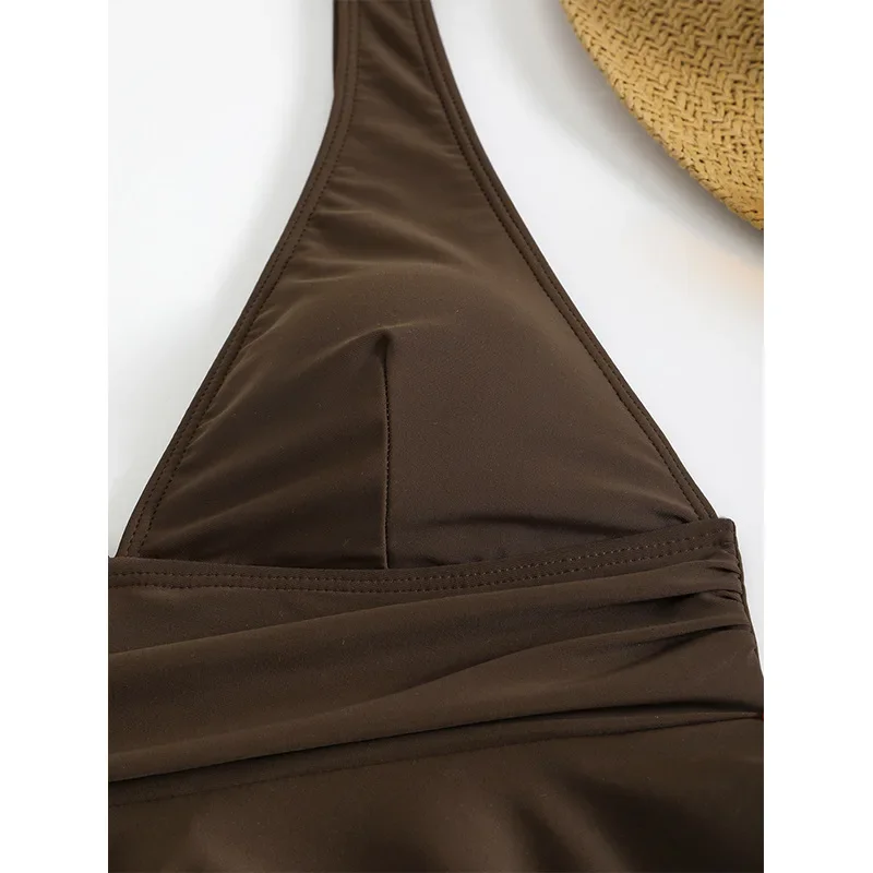 Bruine tweedelige zwemkleding vrouw zomer badmode vrouwelijke tankini sets strandkleding badpak ruche vrouwen zwempak tiener