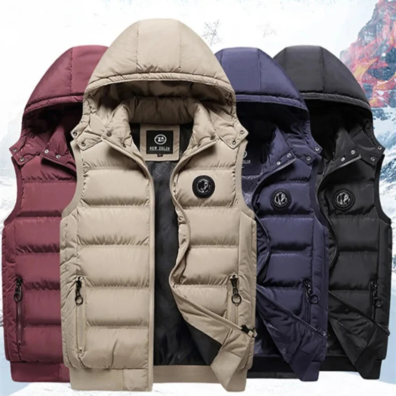 

Men's Winter Warm Padded Detachable Hooded Vest Men Outdoors Windproof Casual Fashion Stand Collar Jacket Vests Male Waistcoat