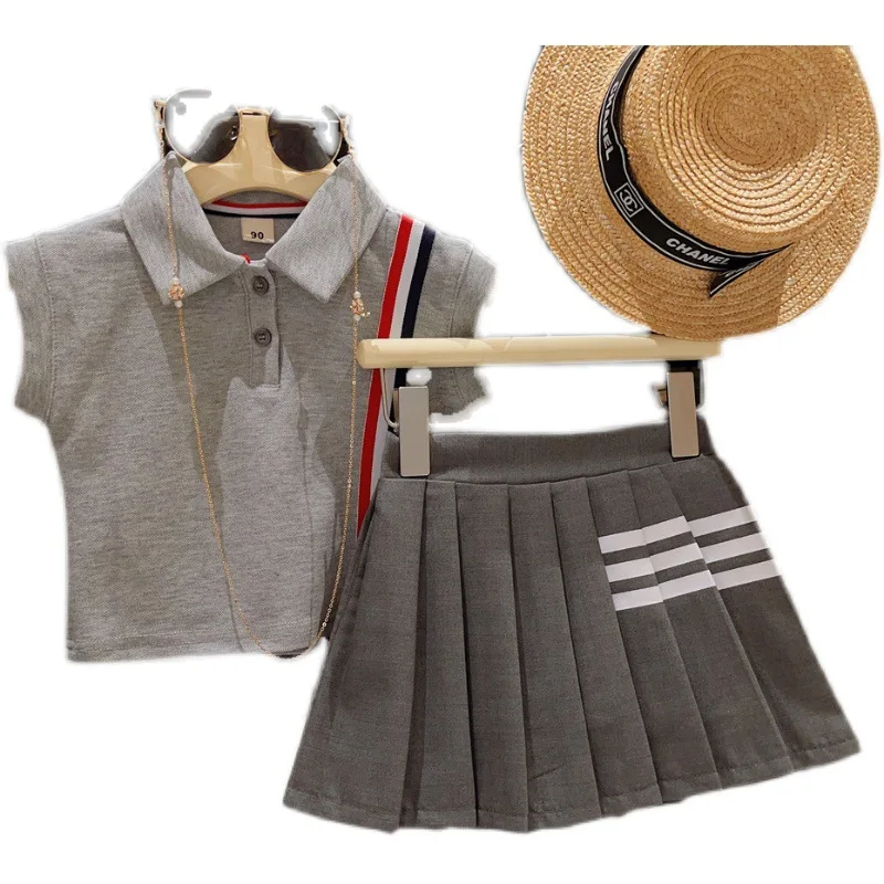 Girls 2024 Summer New Preppy style Polo Collar Striped Bat Shirt Top+Pleated Skirt Two-piece Suit Girls Casual Dresses 10 to 12