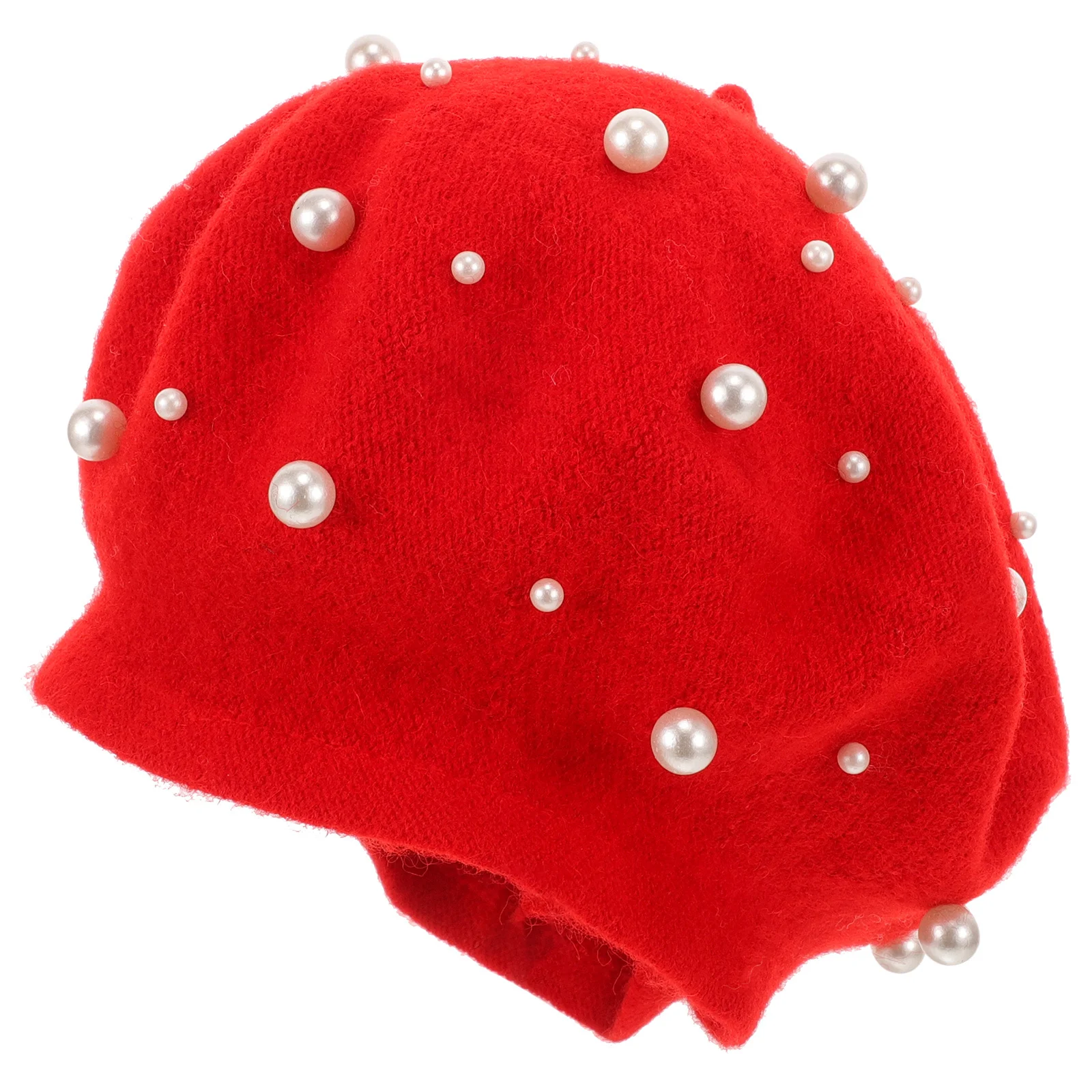 

Women'S Pearl Beret Autumn Winter Cashmere Heavy Knit Beanie Foldable Hat For Outdoor Skiing Cycling Red Free Size