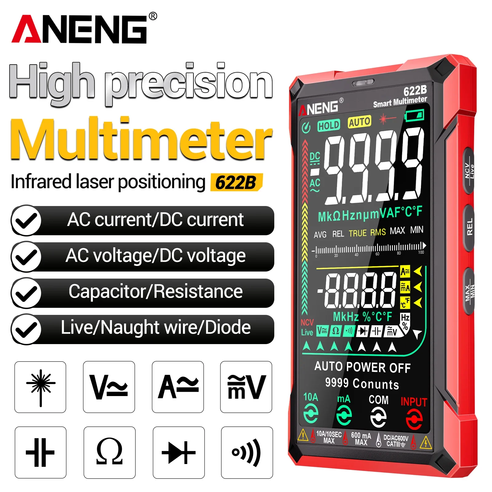 ANENG 622B VA Reverse Display Digital Multimeter 9999 Counts NCV Infrared Temp AC DC 999.9V Built-in Flashlight Electrician Test
