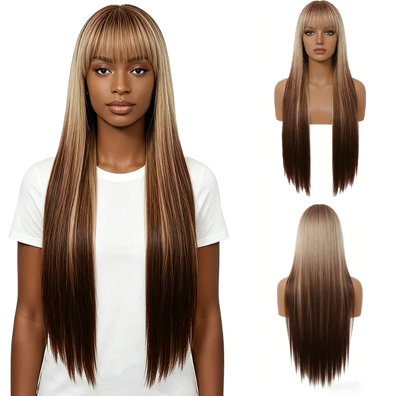 

Balayage Brown Blonde Ombre Long Straight Wig For Black Women Air Bangs Natural Looking Heat Resistant Synthetic Wig Daily Party