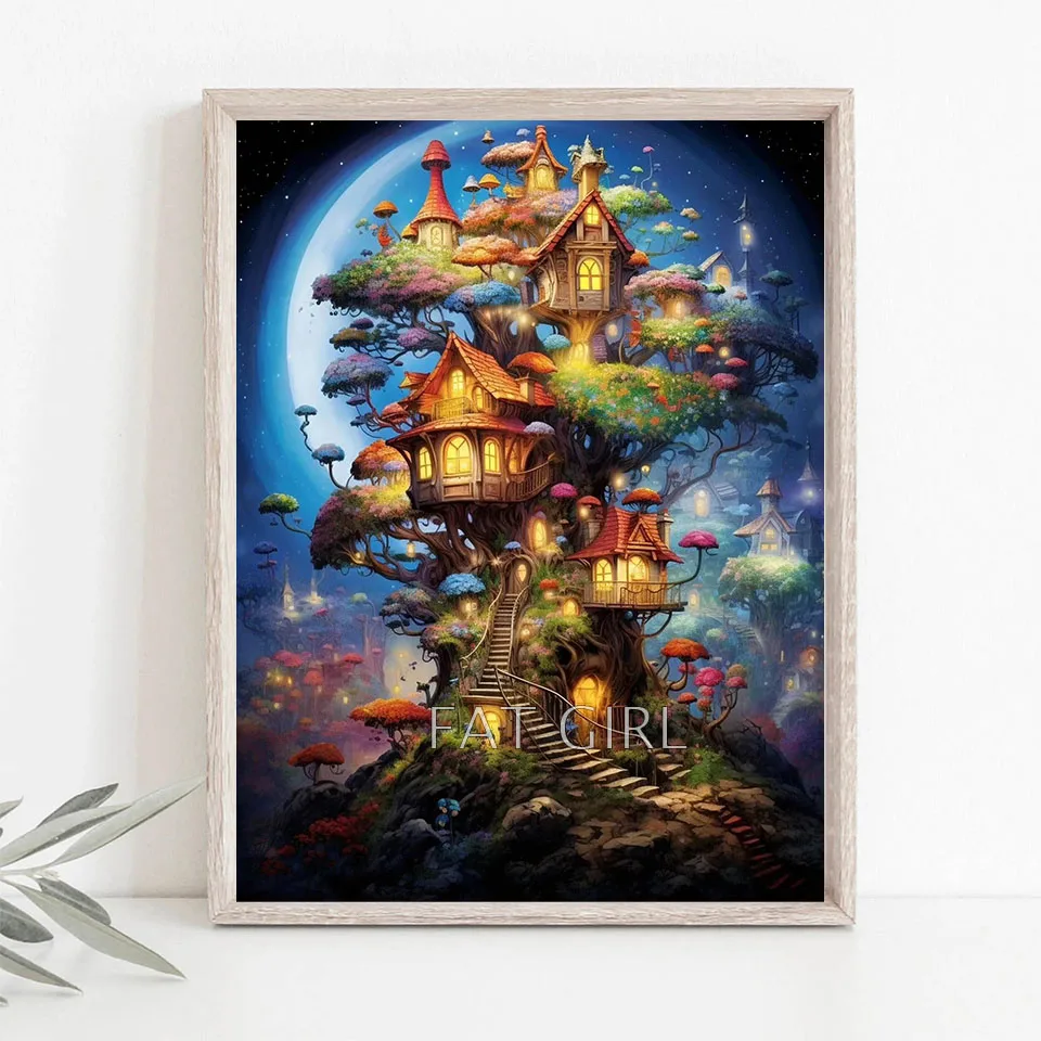 DIY Diamond Painting New 2024 Dream Tree House Decoration Full Drill Diamond Mosaic Fantasy Landscape Picture Rhinestone Gifts