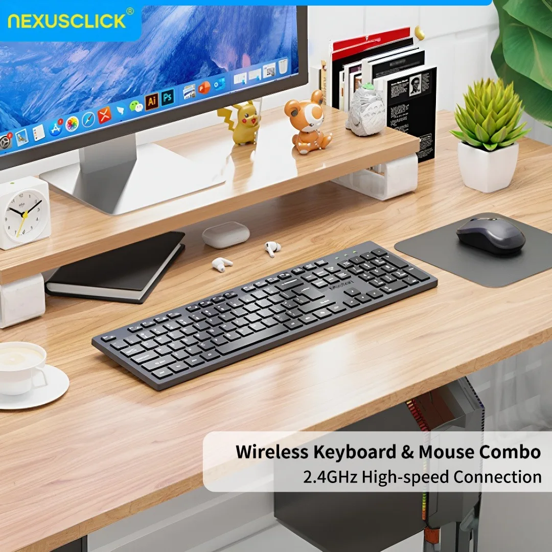 NexusClick 2.4G Wireless Keyboard Mouse Combo, Low Profile Switches Full Size, Quiet Ergonomic Battery Powered Office Home Work