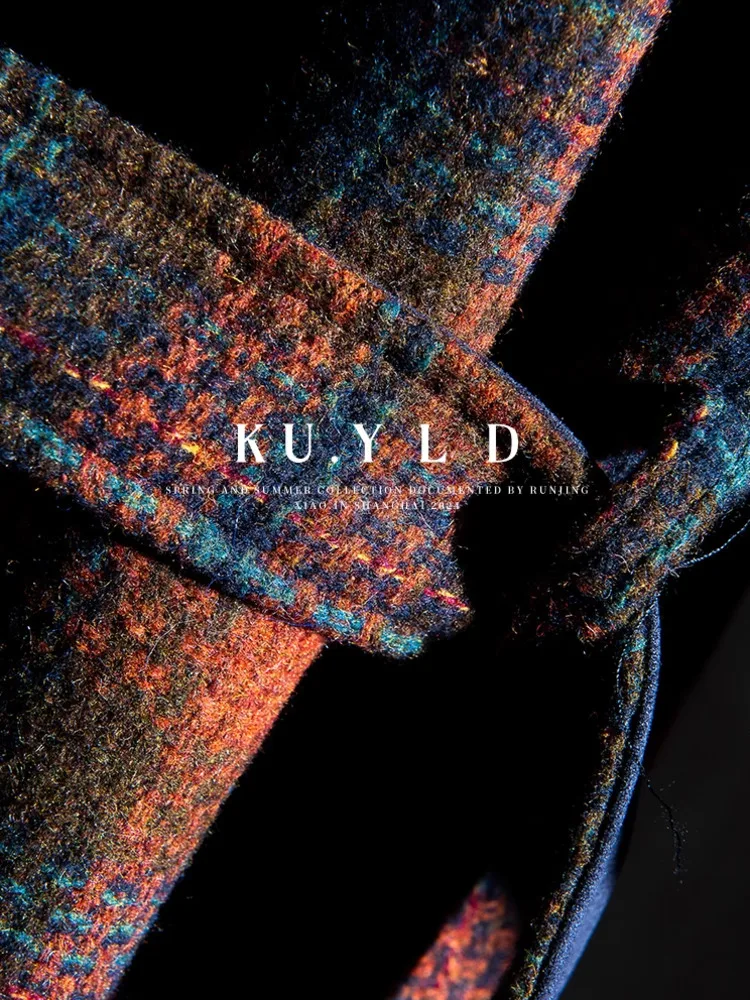 DFDG Cappotto scozzese in lana a blocchi di colore vintage elegante da donna 2025 Cappotto autunnale con colletto alla coreana monopetto invernale con cintura oversize