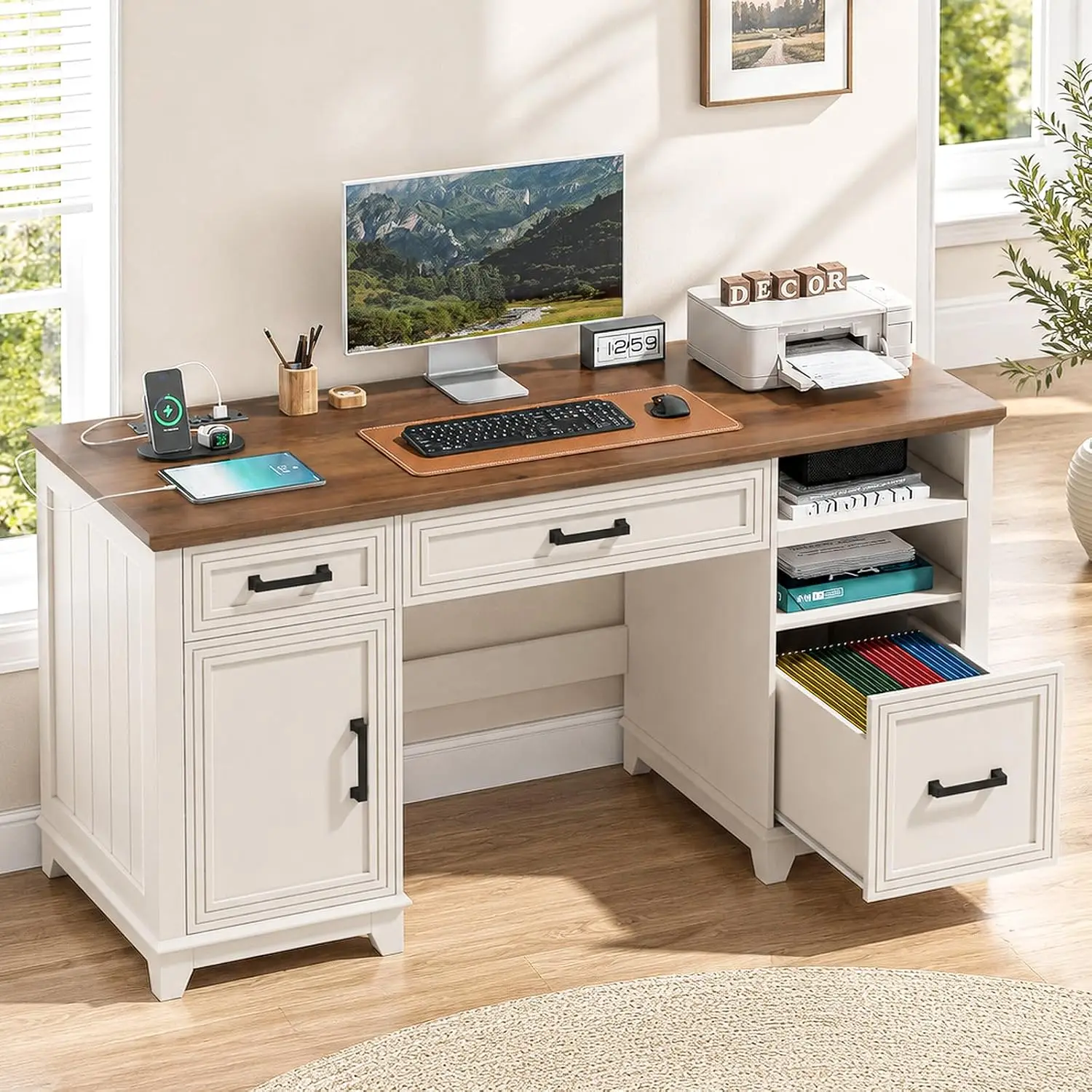 Wooden Computer Desk with 3 Drawers and Storage Cabinet, Workstation Computer Desk with Storage for Home Office and Study