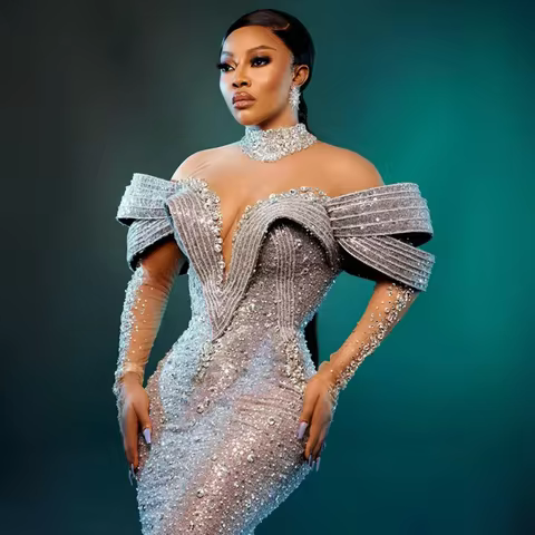 Customized Elegant Sparkling Ball Dress Long Sleeve Lace Mermaid Formal Evening Dress Women's Birthday Party Dress Size Up