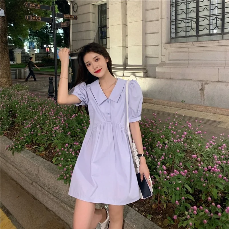 Dresses Women Preppy Sweet Simple Mini Summer Korean Style Puff Sleeve Elegant Lovely A-line Solid New Empire Ladies Casual Chic