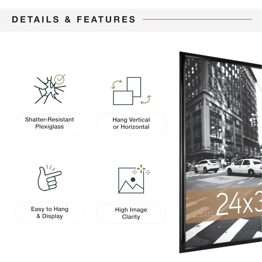 إطار ملصق أسود كبير اللمعان مقاس 24 × 32 - معلق على الحائط عموديًا/أفقيًا للصور والفن والألغاز