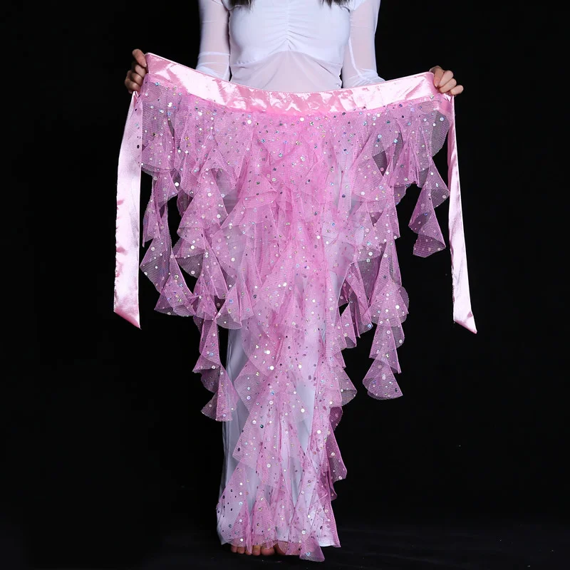 Bufanda brillante para danza del vientre, falda triangular de corte ondeante de zorro de malla con cinturón de borla, ropa de práctica para baile, traje de cadena para la cintura