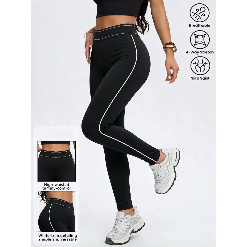Women High Waist Color Block White Side Line Yoga Pants Butt Lifting Stretchy Tight 9 Length Gym Workout Fitness Sports Trousers