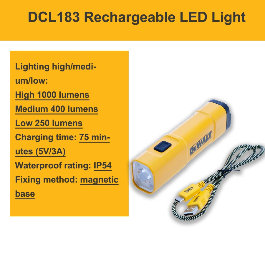 DEWALT LED Flashlight Rechargeable with Belt Clip and Hook USB and Charging Cable Magnetic Base Portable Jobsite Light DCL183