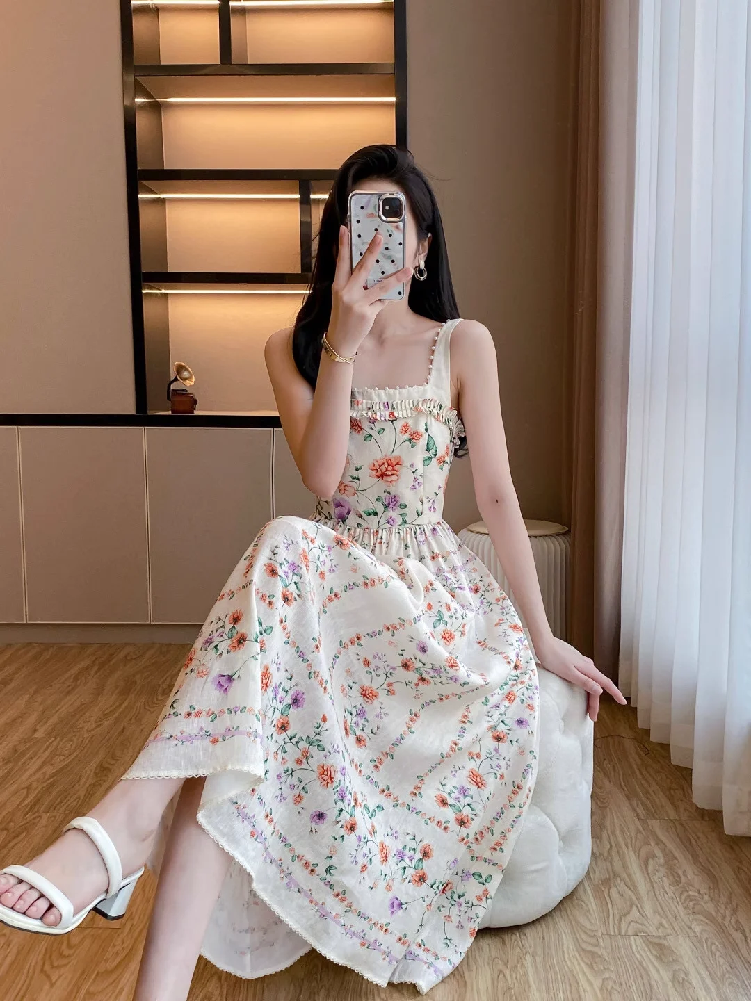 

100% Linen Women Flower Print Vest Dress 2025 New Pearl Beaded Strapless High Waist Sleeveless Big Swing Elegant Ladies Robe