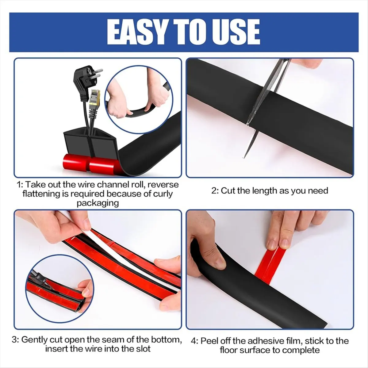 2026 Trend Floor Cord Cover Cable Cavity Self Adhesive Cord Hider Floor 10FT Floor Cable Management Power Cord Protector Black
