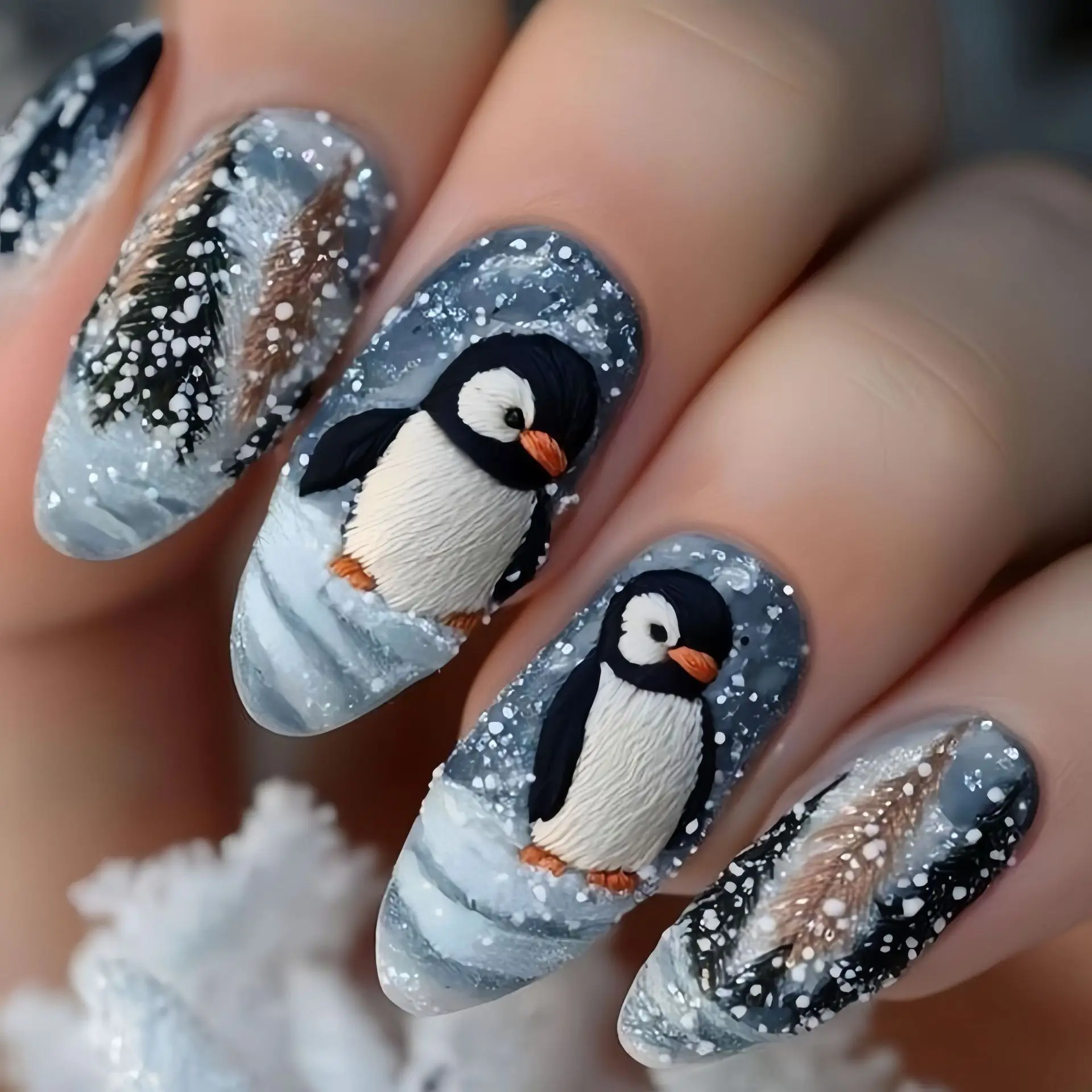 24 Stück/Set mittelgroße künstliche Nägel für Frauen und Mädchen, Schneeflocken, Schneehäuse, Pinguin-Design, Weihnachten, quadratische Mandelspitzen, zum Aufdrücken falscher Nägel