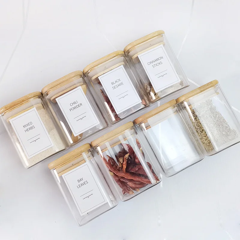 Hot Sell 12 Pcs 200ml clear square Glass Spice Jar Set with Bamboo Wood Rack Stand Label for Kitchen
