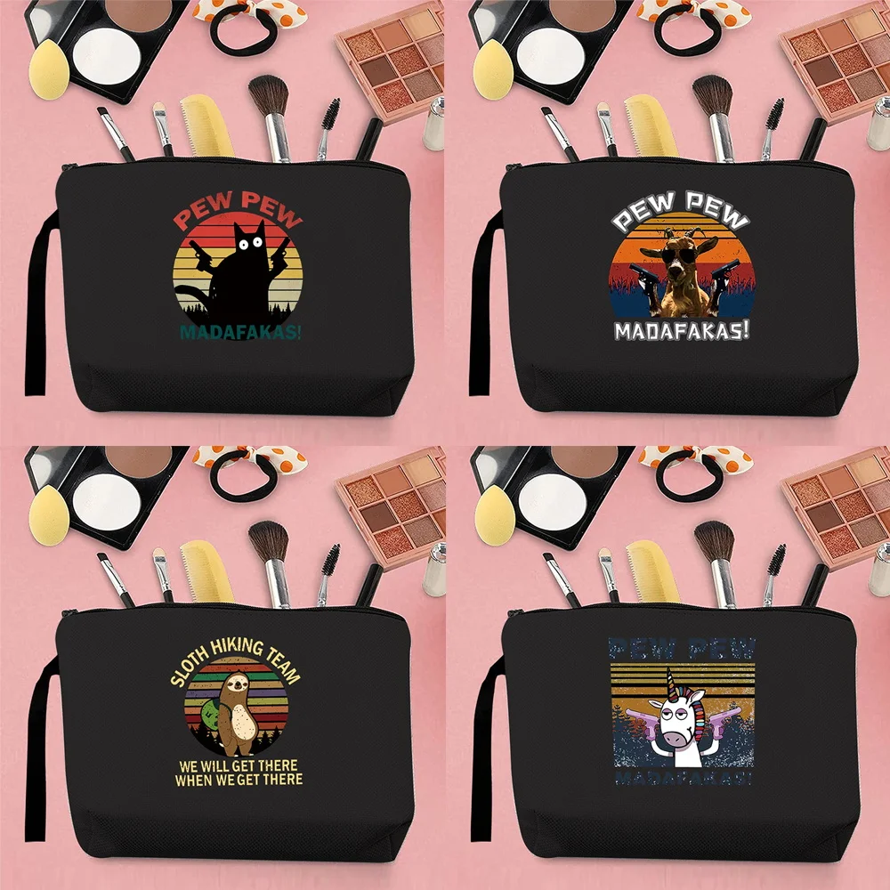 

2025 Women Makeup Outdoor Travel Wash Storage Bag Canvas Coin Purse Pew Pattern Printing Portable Key Black Handbag Pencil Case
