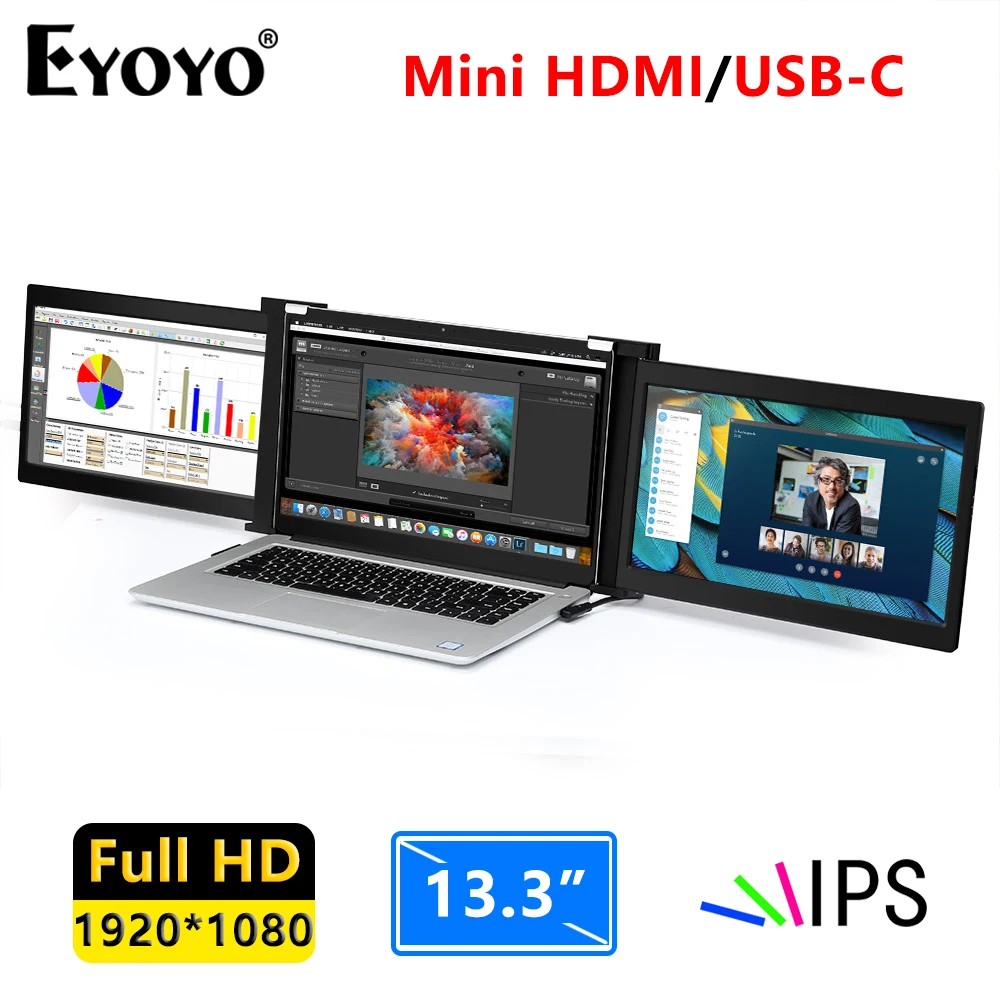 

Eyoyo Portable Dual Screen USB-C Gaming Monitor 13.3 Inch HDR 1920x1080P IPS Second Display for Triple Laptop Computer Extender