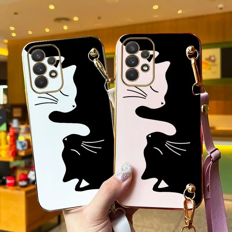 Funda de teléfono con revestimiento de cordón de gato blanco y negro para Samsung Galaxy A54 A72 A53 A52 A52S A04S 34 A24 A73 A71 A04E A72