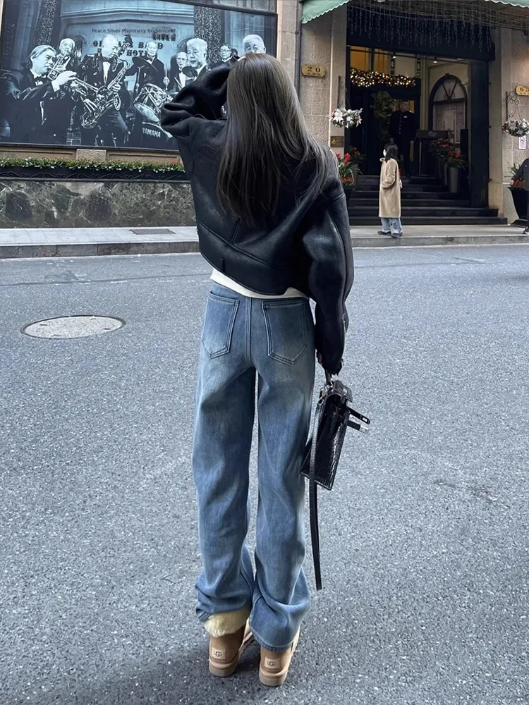 Jean en Denim pour femme, grande taille, doublé Fce, taille haute, ample, jambe droite, longueur au sol, pantalon d'hiver, bleu chaud