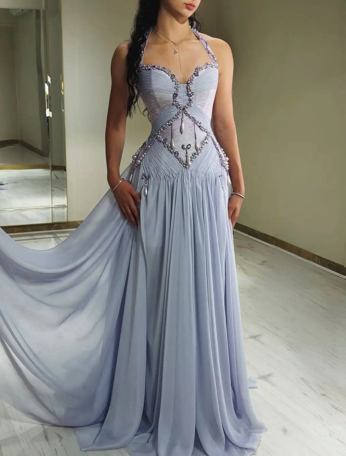 LumiGown Custom Halter Sweetheart Evening Dress Hand Beaded Pearl Rhinestone Chiffon A‑Line Long FormalGown Side Slit PartyDress