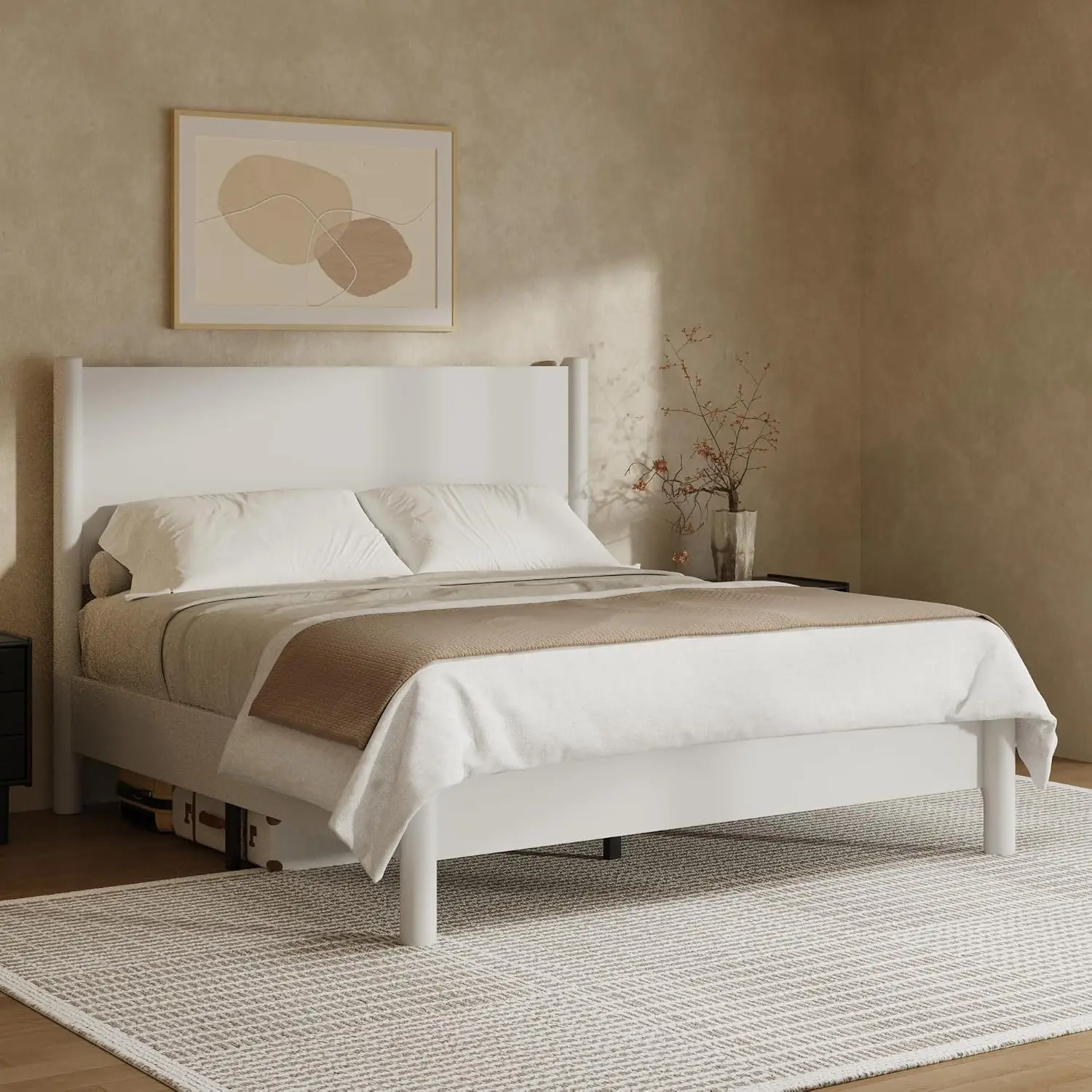 King Platform Bed Frame With Wood Headboard, White, Customized image 3