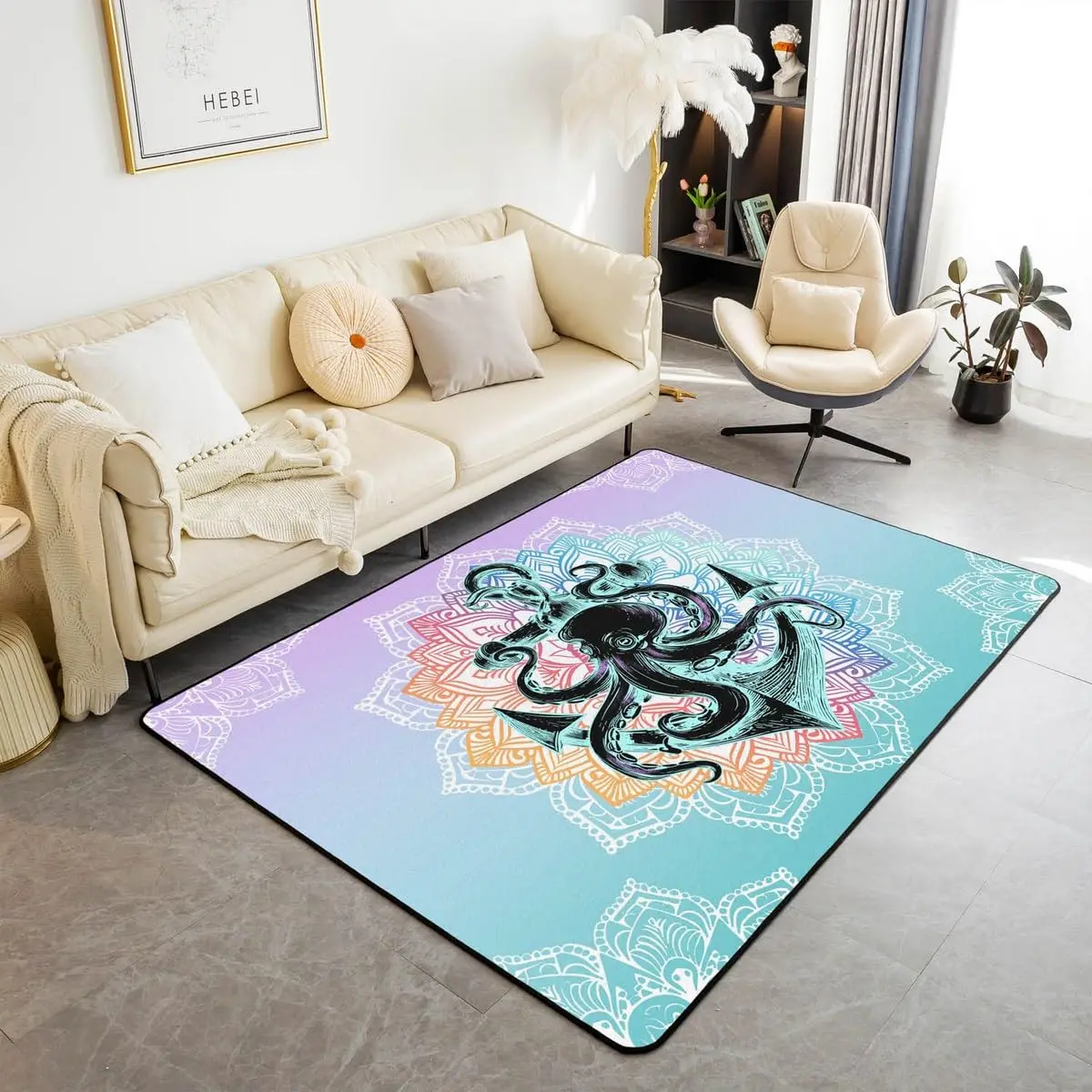 Colorful Mandala Ocean Animal Carpet,Boho Flower Seahorse Area Rug Summer Exotic Ombre Geometric Floor Mat for Living Room Decor