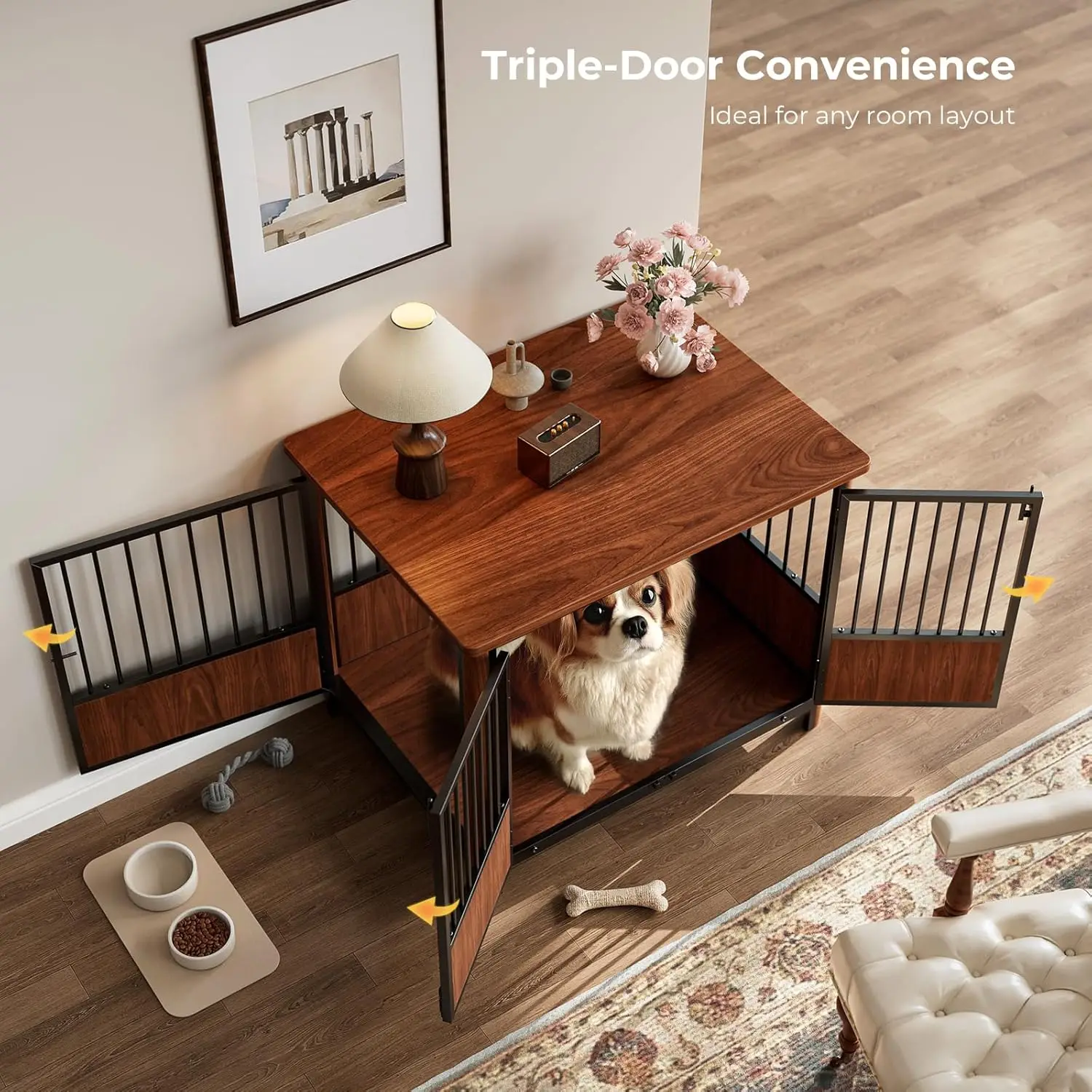 أثاث على شكل صندوق كلب مخدد مقاس 32 بوصة مع 3 أبواب، طاولة نهاية صندوق كلب مزخرفة داخلية حديثة، قفص بيت كلب خشبي للأطفال الصغار