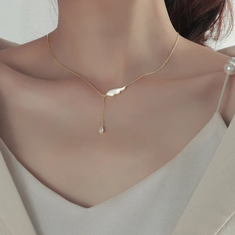 S925 sterling silver necklace Jane Su wing shell wing necklace Water drop zircon Y-shaped fringed neck chain