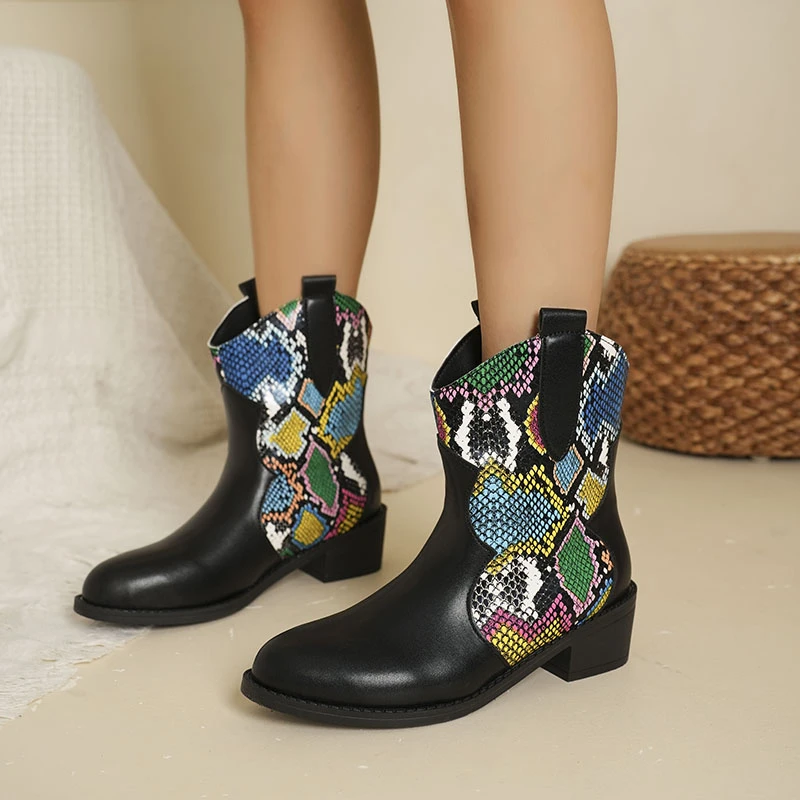 Fashion New Snake Print Printing Women\'s Boots High Quality Mixed-color Point Toe Ankle Boots Women Slip on Fashion Short Boots