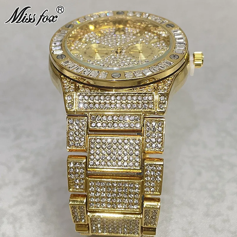 MISSFOX Luxury Watch For Mens Gold Calendar Steel Waterprof Clocks Iced Out Diamond Fashion Quartz Wristwatch Gift Free Shipping