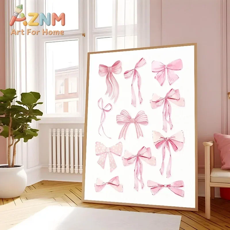 Trendy Watercolor Pink Bows Canvas Painting Wall Art Cherry Disco Ball Zebra Poster Print Preppy Girl Room Home Decor Cuadros