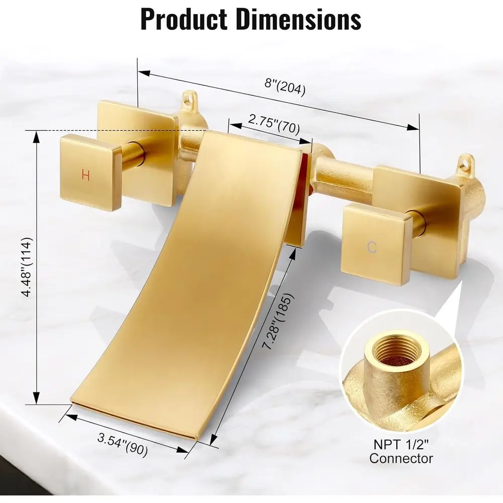 Modern Dual Handle Wall Mount Sink Faucet for Vanity, Lavatory, and Restroom in Brushed Gold Finish with 3 Holes
