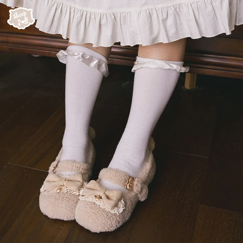 الخريف والشتاء فروي لطيف Bowknot حذاء فردي مع الدب الذيل الديكور لوليتا الشتاء الصوف لطيف حذا فردي للسيدات أحذية امرأة #5