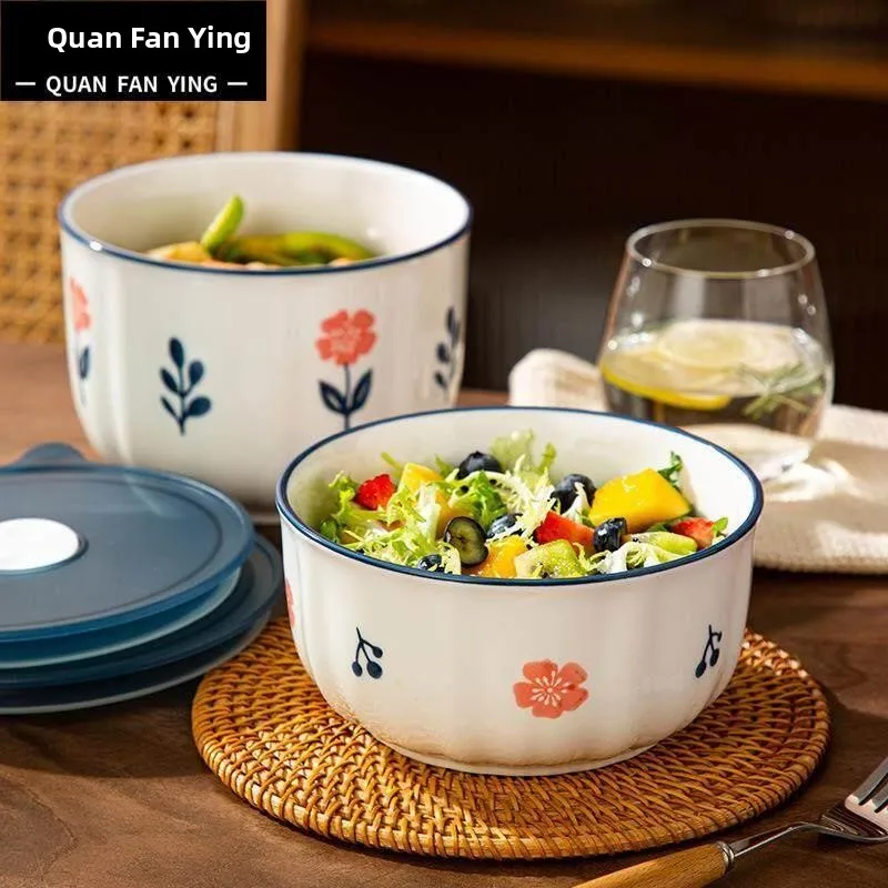 Ceramic Bowl Home Use  Keeping Bowl Soup Bowl with Lid Microwave Safe Cute Instant Noodles Bowl Eating Bowl Bento Box Sq...
