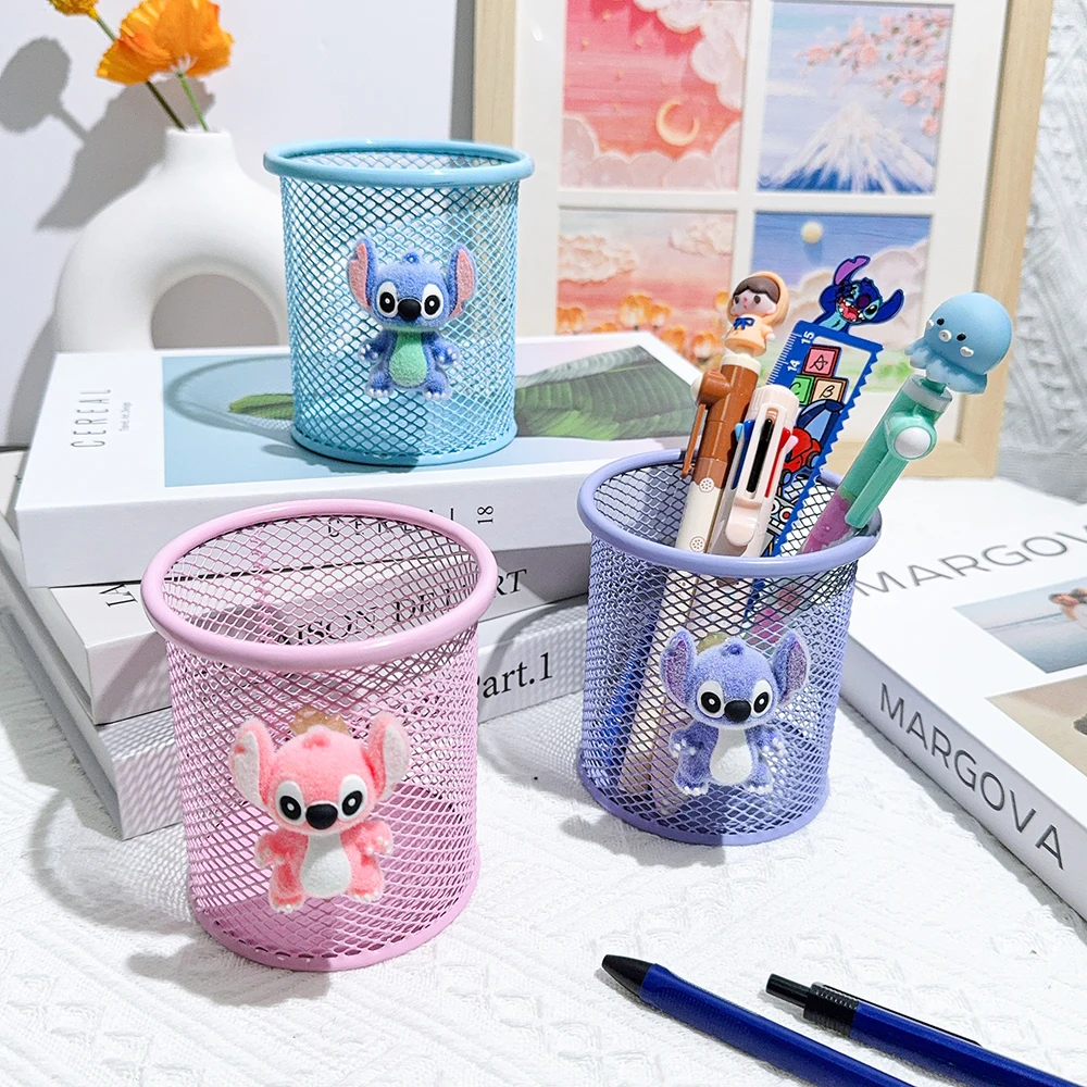 

Disney 1Pcs Stitch Pen Holder Office Desk Metal Mesh Square Round Pen Pot Cup Case Container Organiser Durable Pencil Case
