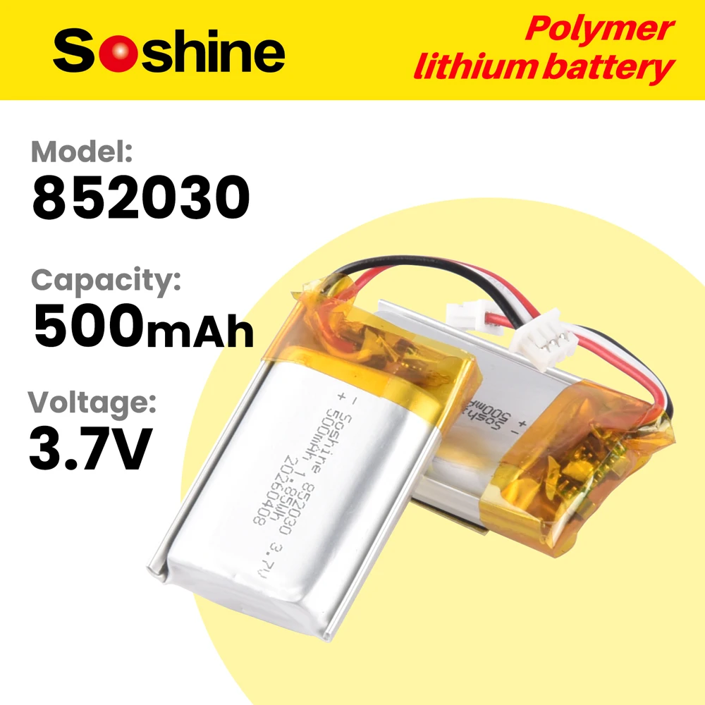 Soshine 852030 Lithium Li-Ion Polymer Battery 3.7V 852030 500mAh LIPO Batteries for Remote Control iPod Bluetooth Speaker GPS