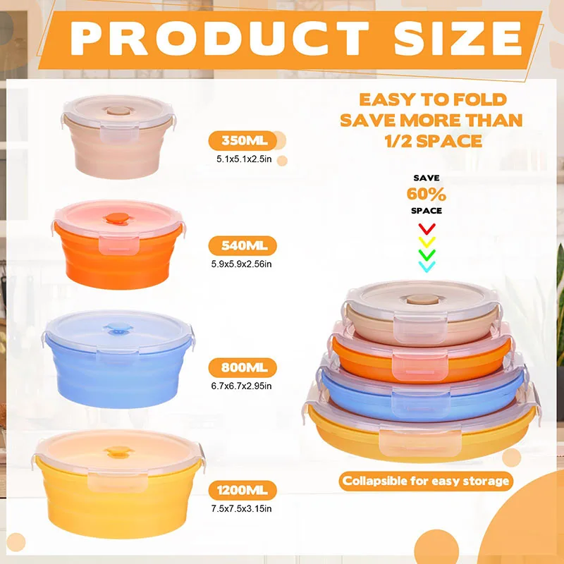 Collapsible Food Storage Containers Round 4 Size Silicone Meal Container with Lid Silicone Foldable Lunch Bowls for Freezer Safe