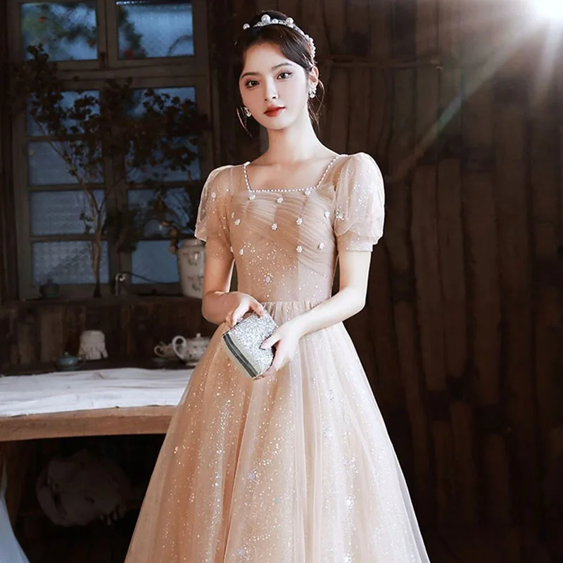 DongCMY Luxury French Evening Dress Female Niche Light Party Temperament Champagne Bridesmaid Dress Student Bar Mitzvah Gown