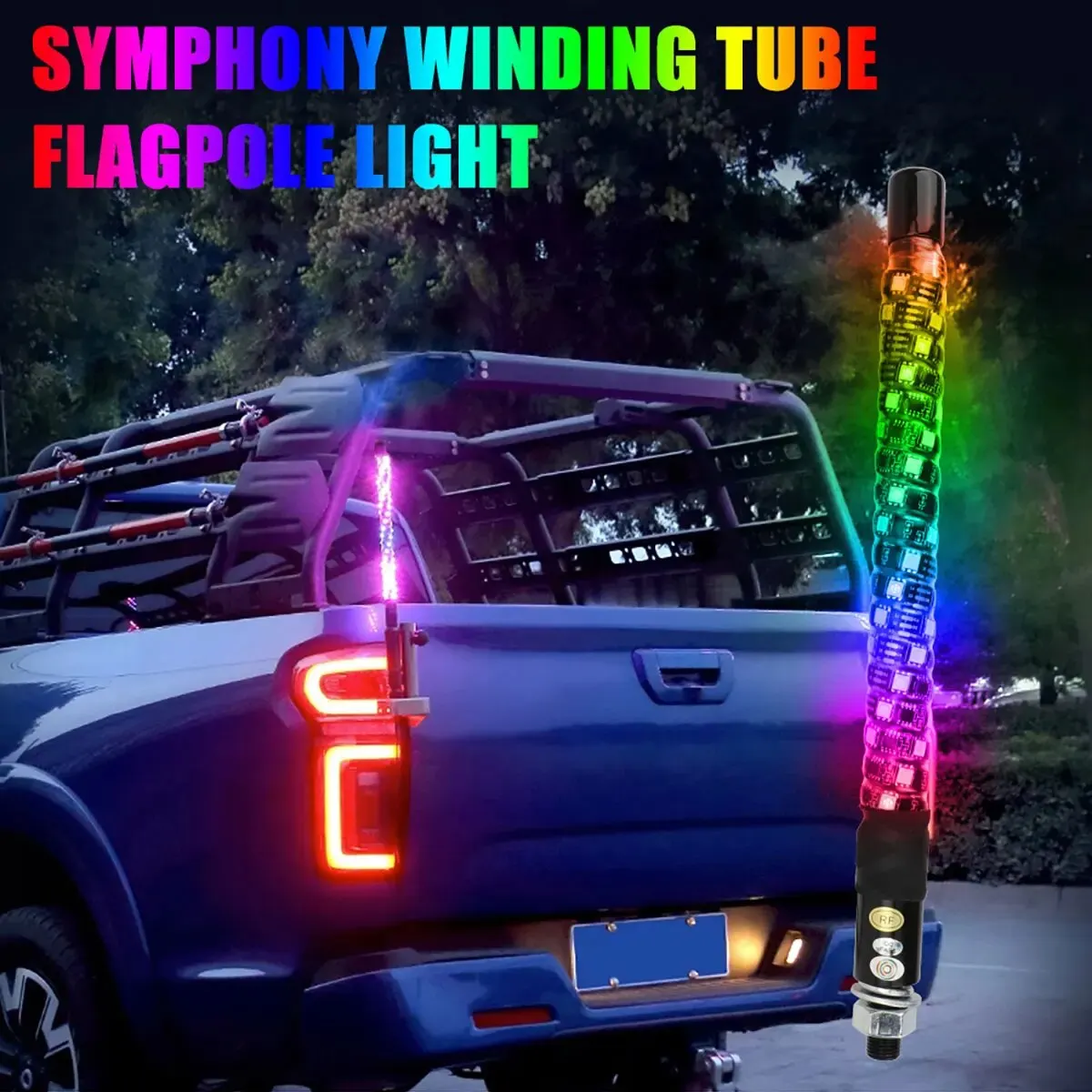 1 IN 1 30CM Symphony RGB Neon Ambient Decor Whip Light Remote Control Flagpole Antenna Whips for UTV Off- Road Vehicle ATV Truck