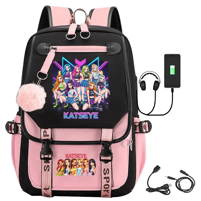 KATSEYE Print School Bags for Teenage Girls USB Charging School Backpacks Katseye Fans Gift Travel Bagpacks Laptop Bag Mochila