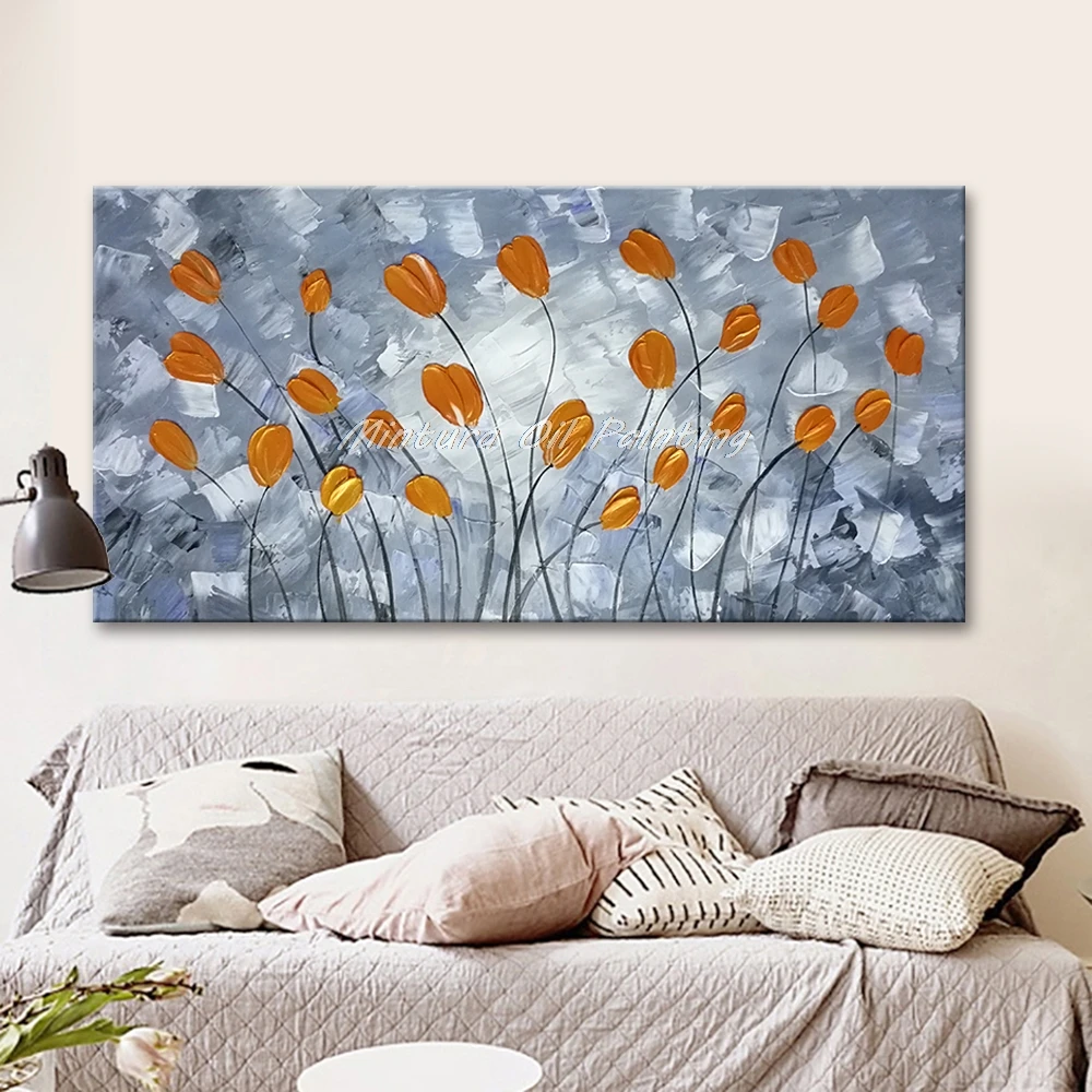 صورة جدار مينتورا لغرفة المعيشة لوحة زيتية على قماش مرسومة يدويًا زيت سميك دهانات سميكة زهور صفراء جدار الفن ، بدون إطار