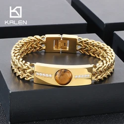Kalen Natural Stone Straps Bracelet for Men Hip Hop Gold Color Stainless Steel Jewelry Chunky Accessories Personalized Gift