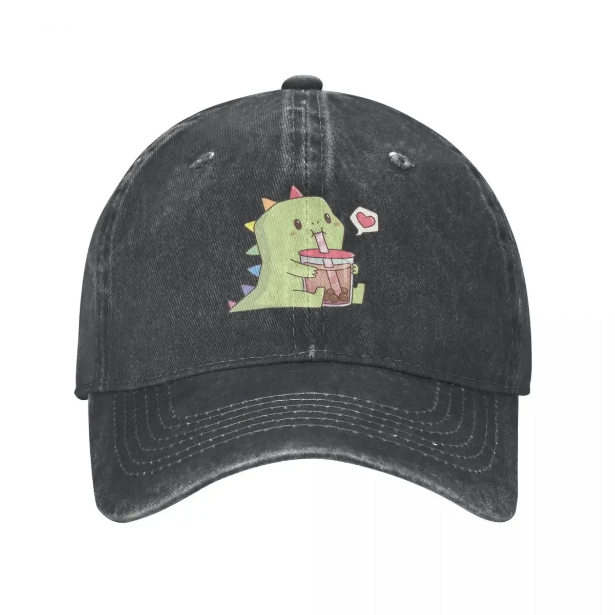 Cute Dino With Rainbow Spikes Loves Bubble Tea Baseball Caps Washed Denim Hats Adjustable Casquette Hip Hop Baseball Cowboy Hat