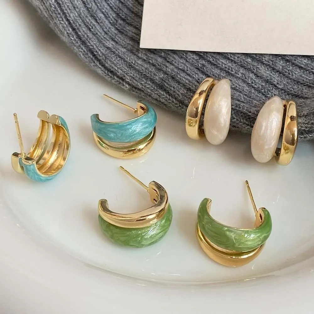 1 pair Glossy Enamel Coating Double Layer C-Hoops Hypoallergenic Metal Base Vibrant Sage Green Enamel Hoop Earrings