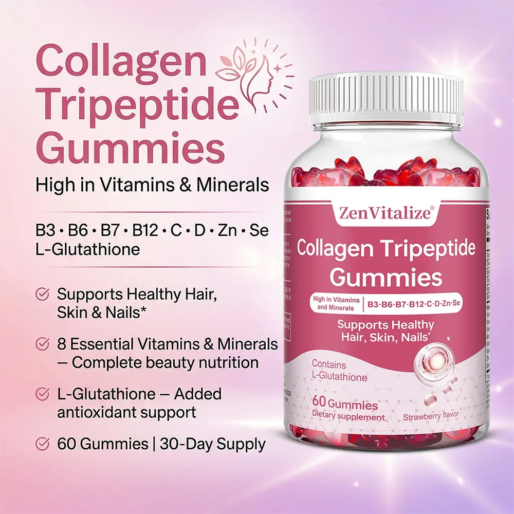 Collagen Gummies with Biotin Vitamin B3 B6 B7 B12 C D for Hair Skin Nails Joint Immune Digestion Women Men Strawberry Flavor view 3