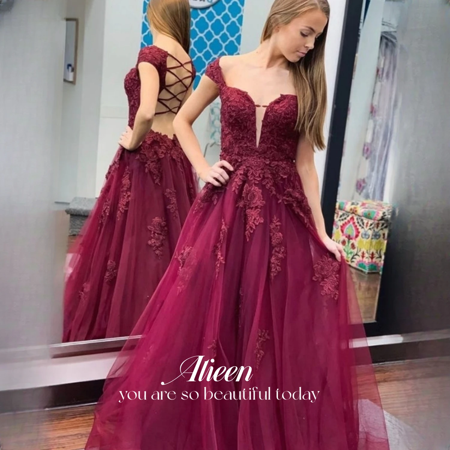 

Aileen Grace Elegant Evening Dresses for Women Luxury Evening Dress 2024 Lace Claret Line A Mesh Backless Ball Gown Prom Formal