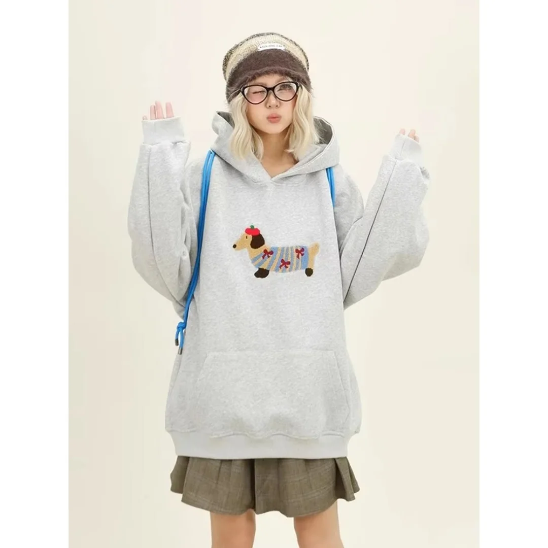 Niedlicher Hoodie mit Dackelmuster für Damen, Herbst, süßer Cartoon-Print, Kapuzenpullover für Streetwear, Alltags- und Freizeitoutfit – Detail 2