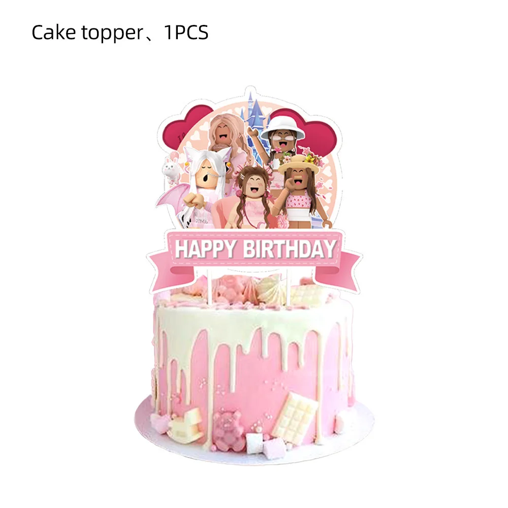 Topper de pastel Roblox rosa, decoración temática de fiesta de cumpleaños, lindo personaje de juego de dibujos animados, suministros de inserción de pastel