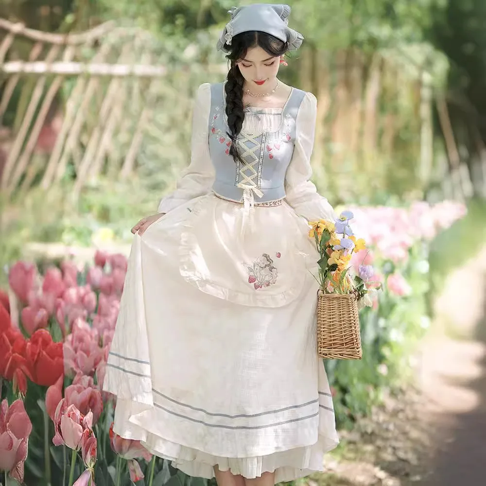 

Vintage Art Forest Embroidery Age reducing Countryside Style Lolita Chiffon Spliced Dress with Waist Closing Princess Dress